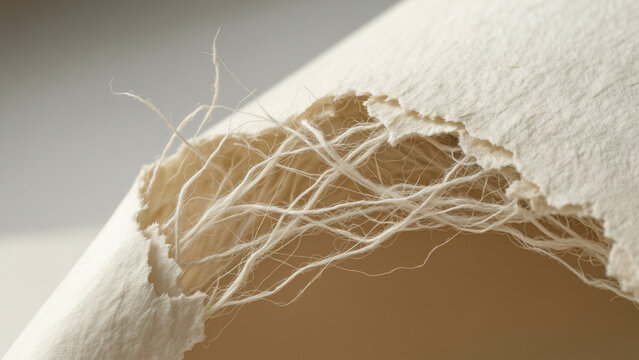Macro closeup of torn white paper revealing delicate natural fibers beneath textured surface soft cellulose strands exposed fibers ripped edge paper material handmade texture sustainable packaging rec