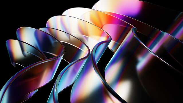 Abstract purple, green, and blue glass ribbons refracting light on a black background