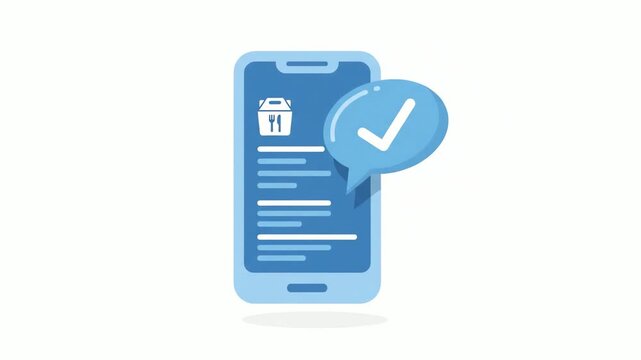 Smartphone displays a food delivery application interface with a checkmark speech bubble indicating that the order has been successfully confirmed and processed for the customer waiting at home.