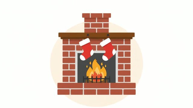Fireplace constructed from red bricks contains a roaring fire and decorative holiday stockings hanging on the mantel, creating a cozy and festive atmosphere for seasonal winter home celebrations.