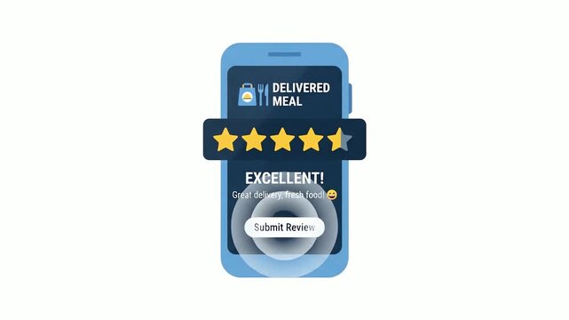 Smartphone displays a food delivery application interface with a five star rating system and a button to submit a review for an excellent dining experience on a simple light grey background.
