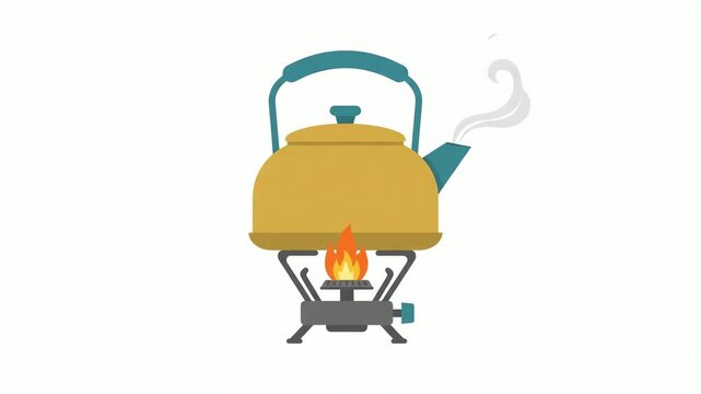 Teakettle sits atop a portable camping stove with a bright flame, illustrating the process of boiling water for warm beverages during outdoor adventures in nature or at a remote wilderness site.