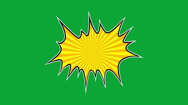 2D Hand Drawn Yellow and Black Comic Explosion Burst Animation Overlay on Green Screen Background