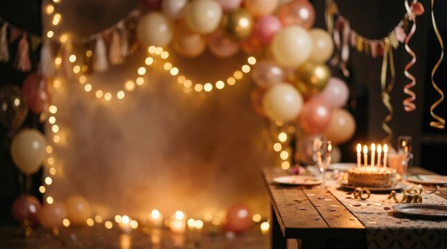 Warm, inviting party scene with a table set for celebration. A birthday cake with candles sits on the table, surrounded by colorful balloons, string lights, and streamers.