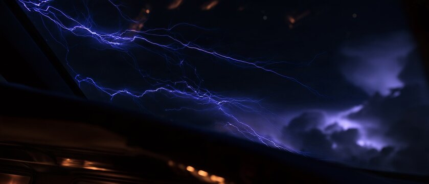 Cockpit View Photo of St Elmos Fire Plasma on Aircraft Windshield for Aviation Safety and Extreme Weather Concept
