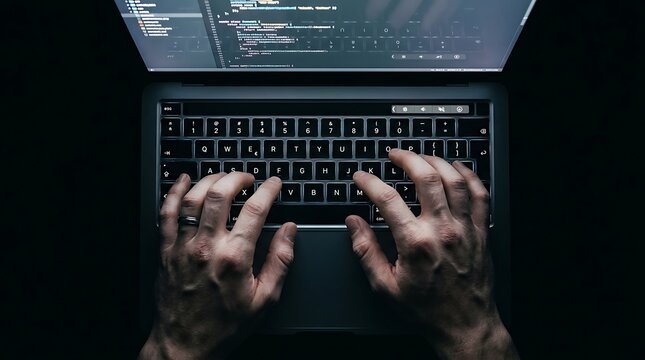Hands typing on laptop keyboard in dark setting