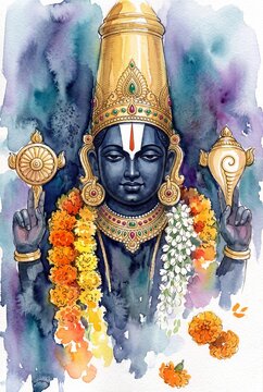 Watercolor Painting of Lord Vishnu Balaji With Golden Crown, Marigold Garlands and Conch