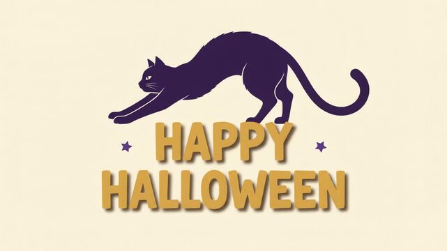 Black cat stretches its back while standing above the text Happy Halloween to announce the celebration of the spooky holiday event with a dark silhouette and bold typography on a light background.