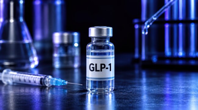 GLP-1 medication vial and syringe in a laboratory setting, representing weight management, diabetes treatment, appetite control, pharmaceutical research and obesity therapy