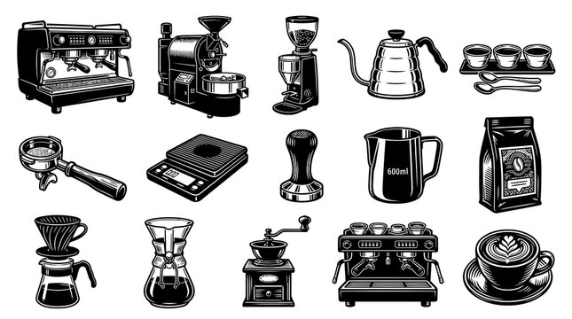 Vintage Black and White Coffee Equipment Vector Set - Barista Tools and Brewing Devices Line Art Collection