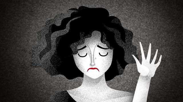 bipolar woman revealing smiling and sad faces by moving her hand