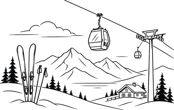 Mountain Ski Resort Cable Car Vector Illustration Winter Landscape Gondola Adventure.