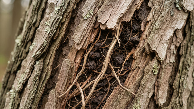 Closeup of weathered tree trunk bark revealing deep natural cavity with tangled woody fibers dark organic debris lichen growth rugged texture forest ecology woodland environment aging timber decay 