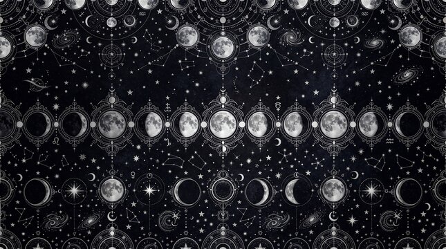A seamless moon phase pattern with lunar cycle, stars, and celestial elements in silver and black, mystical design, cosmic repeat, 8k.