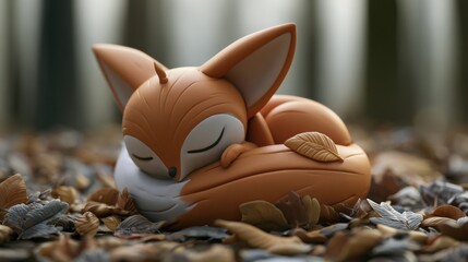 Fototapeta premium A cute fox made of soft clay rests among colorful leaves in a quiet forest. The scene captures the feeling of autumn.