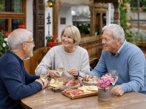 Drei fr&ouml;hliche Senioren genie&szlig;en eine Tiroler Brettljause mit regionalem K&auml;se, Schinken und Wei&szlig;wein auf der Terrasse eines traditionellen Gasthauses im Zillertal.