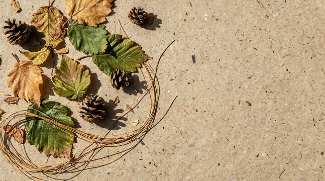 Autumn leaves and pine cones scattered on a textured surface.