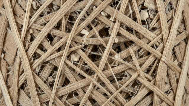 Macro closeup of natural plant fibers showing dense tangled strands rough cellulose texture organic material sustainable resource biodegradable structure botanical detail natural insulation paper pulp