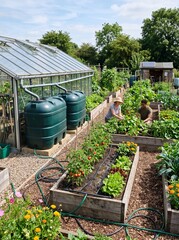 Obraz premium An eco-friendly garden with a greenhouse, raised beds, and rainwater storage tanks. The system allows natural water to be reused for irrigation, helping conserve drinking water and support sustainable