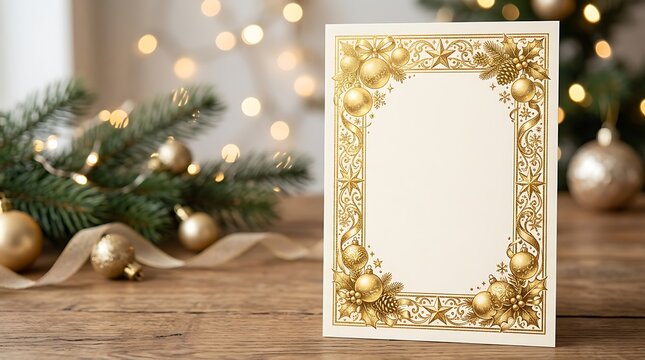 Gold ornate christmas card frame on rustic wooden background with lights.
