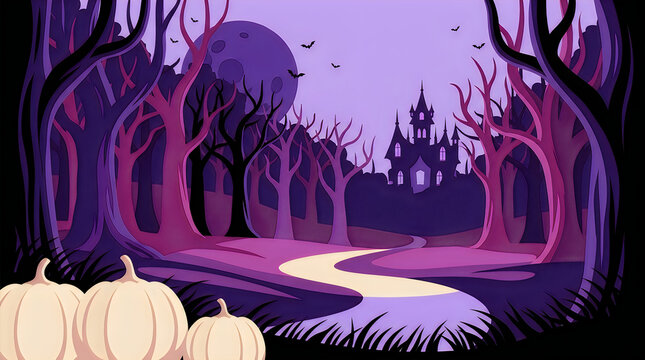 A spooky halloween background featuring a dark enchanted forest path leading to a mysterious haunted castle at night time