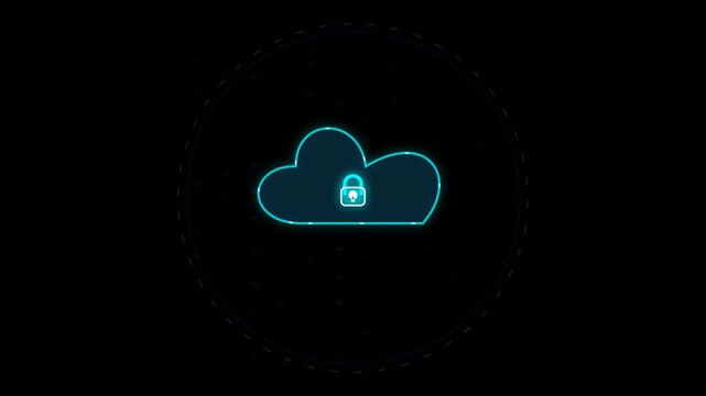 Digital secure cloud computing concept with a locked icon inside a glowing outline