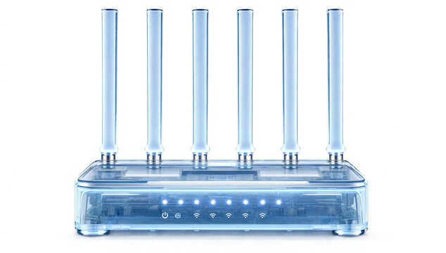 Transparent glass Wi-Fi router with six antennas and glowing blue LED lights isolated on white background high speed internet concept