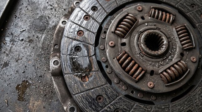 Worn car clutch plate and transmission parts on workbench. Damaged friction surface with springs. Metallic automotive components in repair shop