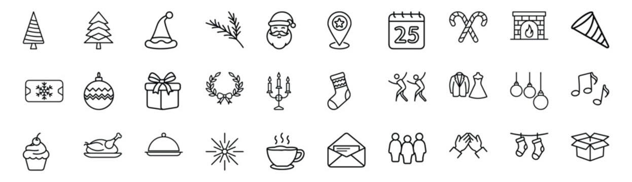 Christmas and New Year Party line icons set featuring santa claus, gift box, christmas tree, fireplace, calendar & more vector illustration with editable stroke.