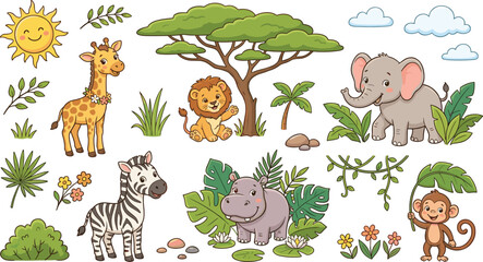Naklejka premium Cute Safari Animal Illustration Collection with Giraffe, Lion, Elephant, Zebra, Hippopotamus, Monkey and Tropical Jungle Elements
