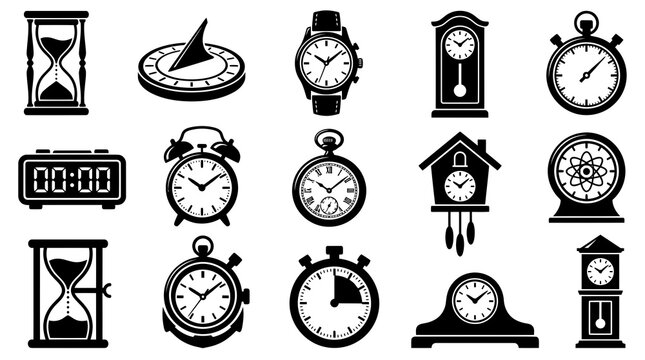 Timekeeping Devices Black and White Silhouette Icons Set. Glyphs of Clocks, Watches, Timers, and Sundials.
