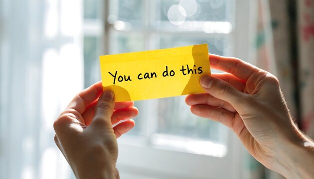 Close up of hands holding a yellow sticky note with motivational message you can do this