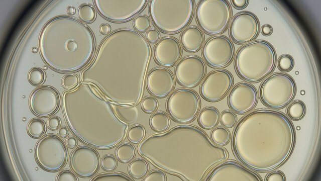 Macro view of abstract liquid surface showing numerous rounded droplets bubbles fluid cells layered membranes iridescent outlines translucent spheres organic geometry microscopic pattern scientific 