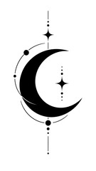 Celestial crescent moon with stars and orbiting planets in minimalist linear style celestial art star icons astronomy design cosmic tattoo geometric alignment astrology theme night sky © ANMSHAFIQUL