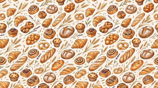 A seamless bakery pattern with croissants, bread, pastries, and wheat in warm golden tones, artisan food design, delicious repeat, 8k.