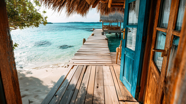 Tropical paradise beckons: Open door to turquoise waters and pier