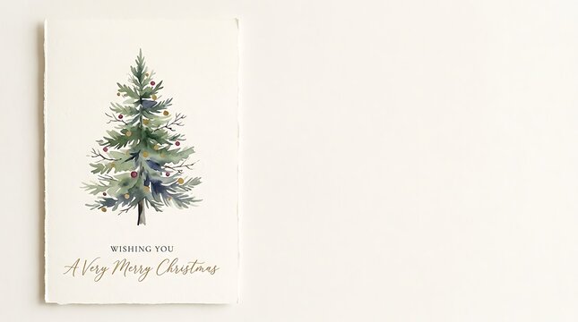 Minimalist watercolor christmas tree card mockup on clean off white background.