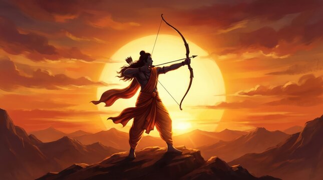 Cinematic portrayal of Lord Rama aiming bow at mountain top during sunset for inspiring epic historical and religious storytelling.