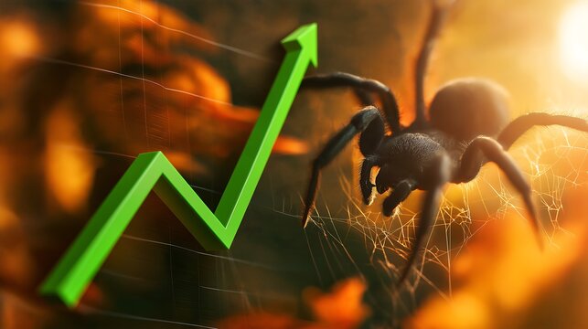 Spider climbing near a green rising graph in dark setting