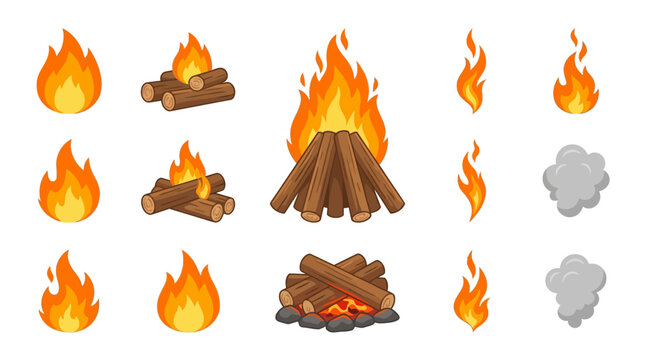 Flat vector collection of campfire flames, small campfire, large bonfire, wood fire, glowing embers, dancing flames, smoke puffs, simple clean shapes, isolated on white background, modern 2D vector il