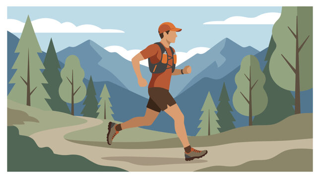 Trail runner jogging through mountain landscape vector