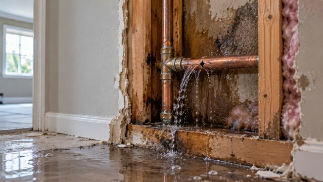 Broken copper pipe bursting inside residential wall structure spraying water onto wooden subflooring.