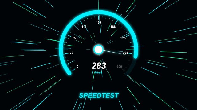 Digital speed test gauge displaying 55 Mbps download speed with glowing neon accents