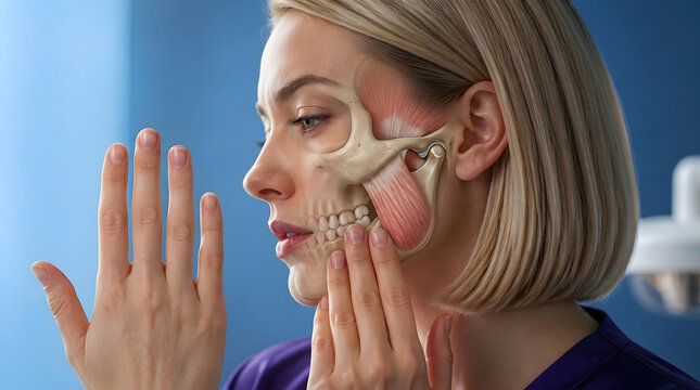Jaw pain, woman and TMJ disorder with medical anatomy for dental health, musculoskeletal treatment and facial relief. Skeleton, muscles and surgery with healthcare clinic for oral joint care service