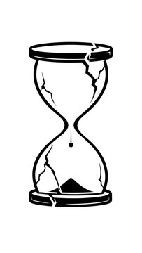 Broken hourglass icon with cracked glass indicating passing time and urgency sand timer time running out line art black and white vintage timer hourglass drawing hourglass deadline limitation