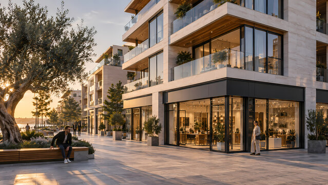 Contemporary mixed use corner building with expansive glass storefronts, residential balconies and landscaped pedestrian space, framed by mature trees and warm evening sunlight in an elegant urban set