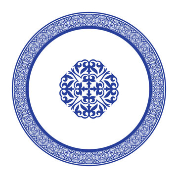Oriental round porcelain plate with floral pattern. Ethnic Asia ornament Kazakh, Kyrgyz, Mongol, Buryat, Turkmen. For sandblasting, ceramic, household utensil, textile, embroidery, plate