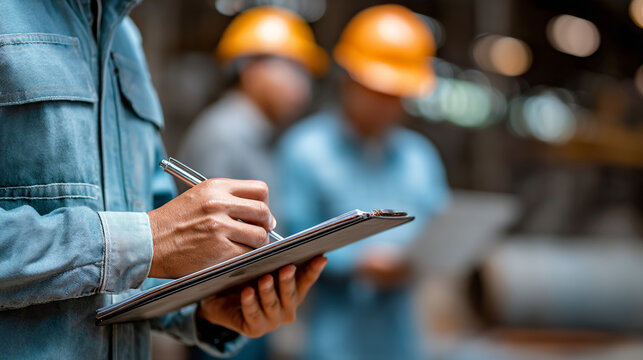 Industrial construction worker holding a clipboard and pen to record site inspection data on site