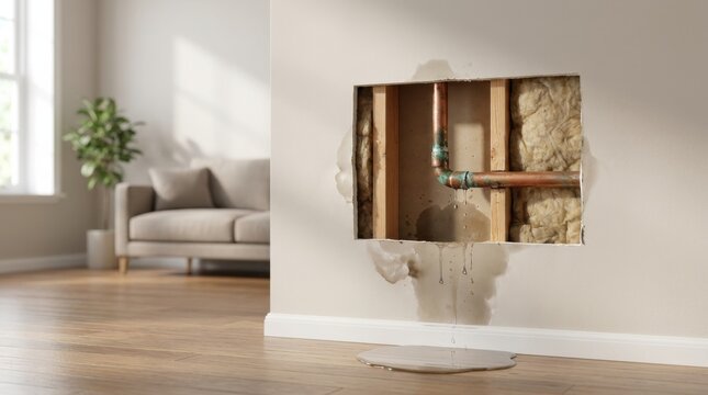 Broken pipe behind hole in living room wall showing leaking copper plumbing system causing flooding.