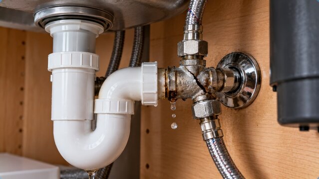Broken metal kitchen pipe with water dripping from crack causing severe home maintenance repair issue.